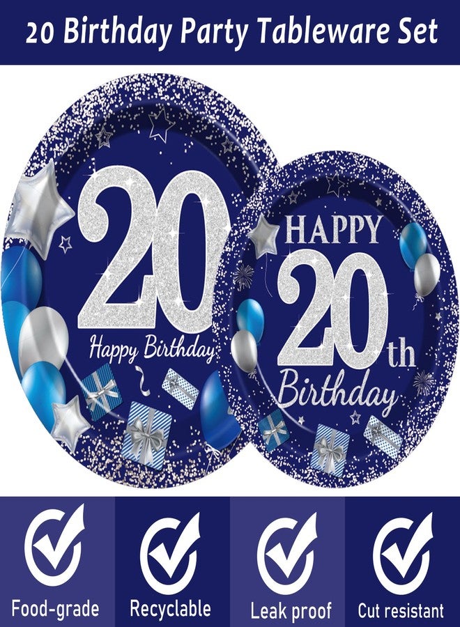 Wiooffen 96 Pcs 20th Birthday Party Supplies Navy Blue and Silver Birthday Plates 20th Birthday Paper Tableware Happy Birthday Party Plates and Napkins Forks Blue Birthday Table Decorations for 24 Guests - Image 3